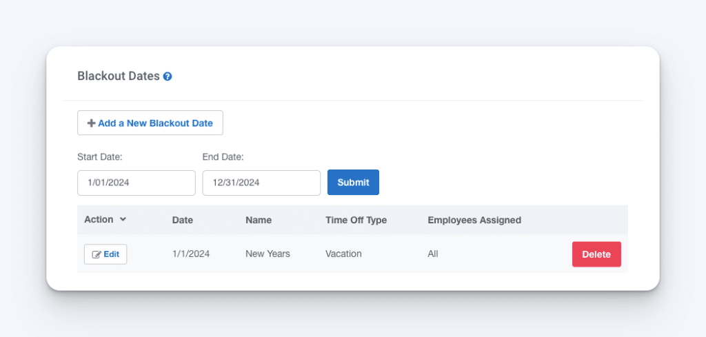 Image of blackout dates in Buddy Punch