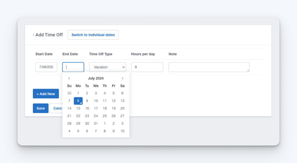 Image of the time off request form in Buddy Punch