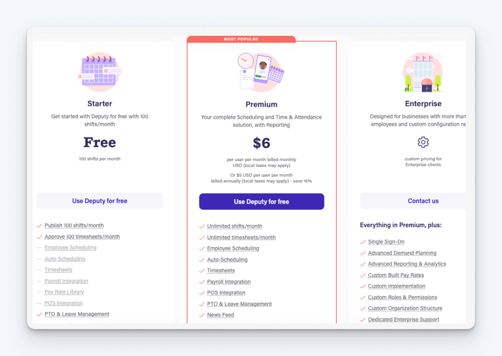A pricing table for a scheduling tool featuring three plans: Starter (free), Premium ($6/month), and Enterprise (custom pricing).