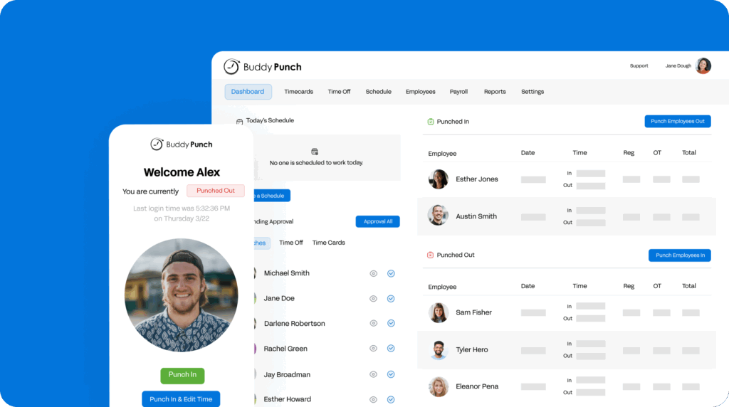 Image of timesheets on Buddy Punch's web apps and clocking in on its mobile app