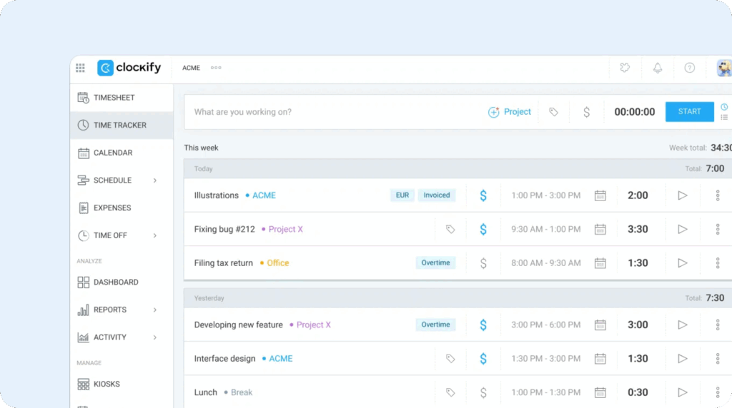 Image of Clockify's time tracking feature