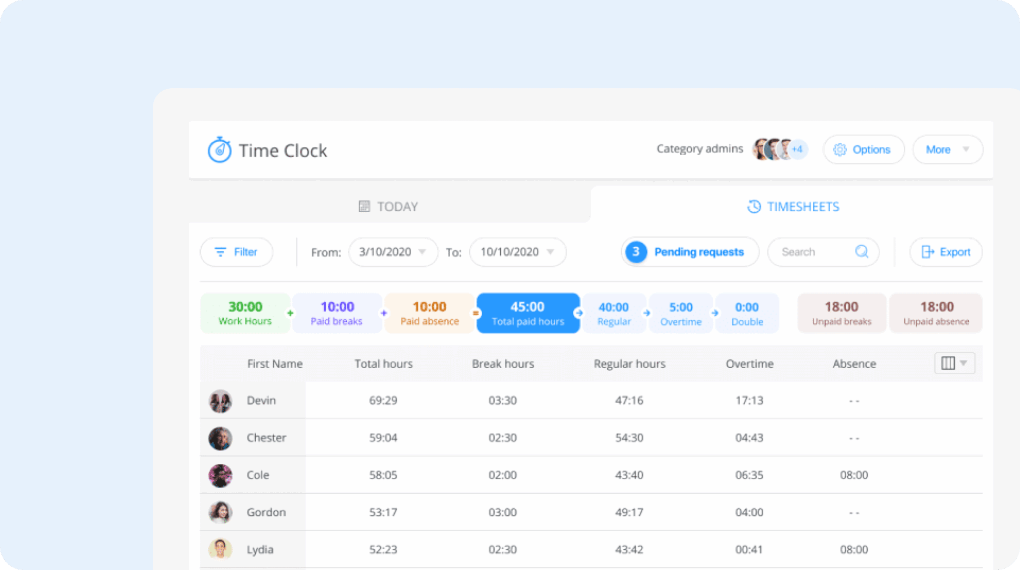 Image of Connecteam's timesheets feature