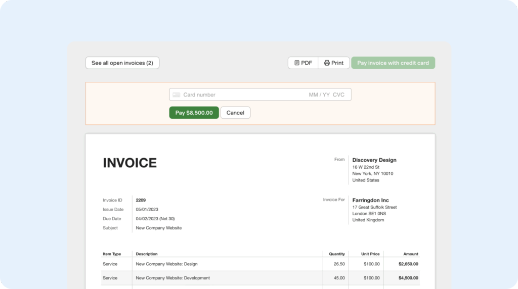 Image of Harvest's invoicing and payment acceptance features