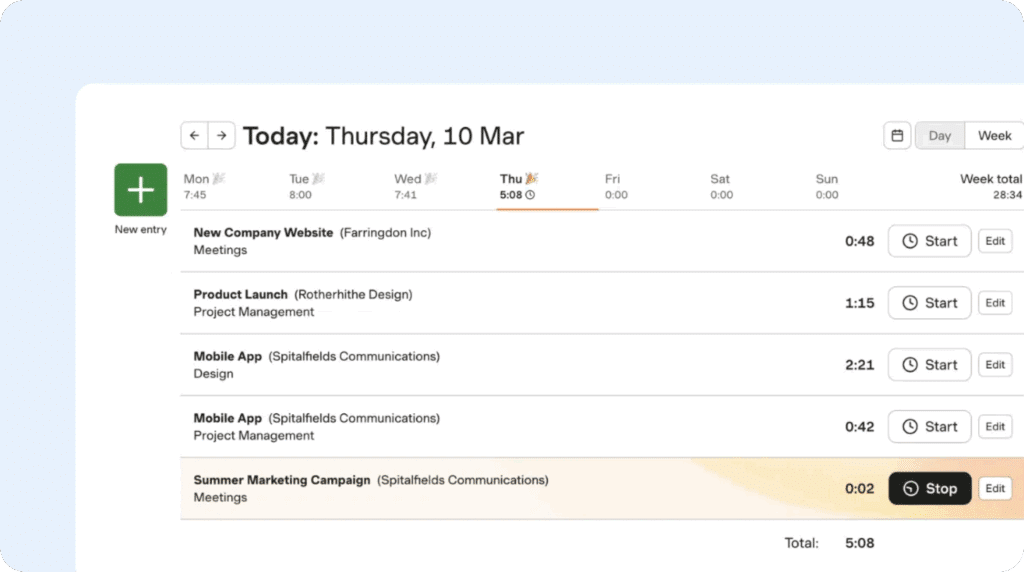 Image of Harvest's time tracking app with timers for different tasks