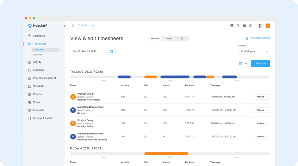 Image of timesheets in Hubstaff