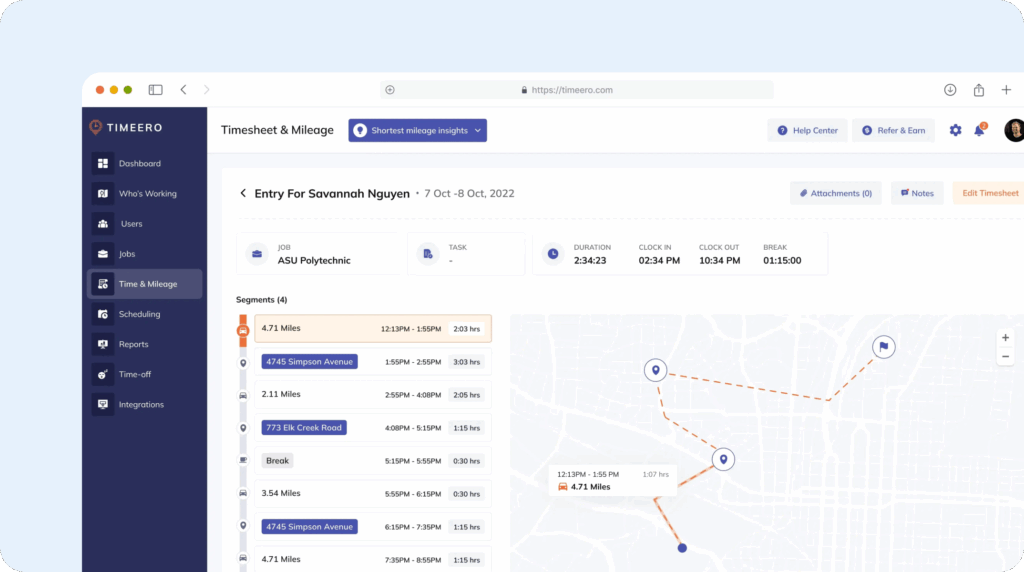 Image of Timeero's mileage tracking feature