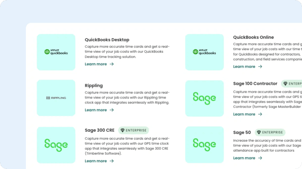 Image of popular construction-specific integrations in Workyard