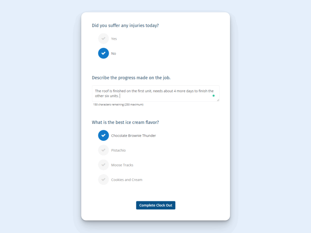 Image showing ClockShark's clock-out questions feature