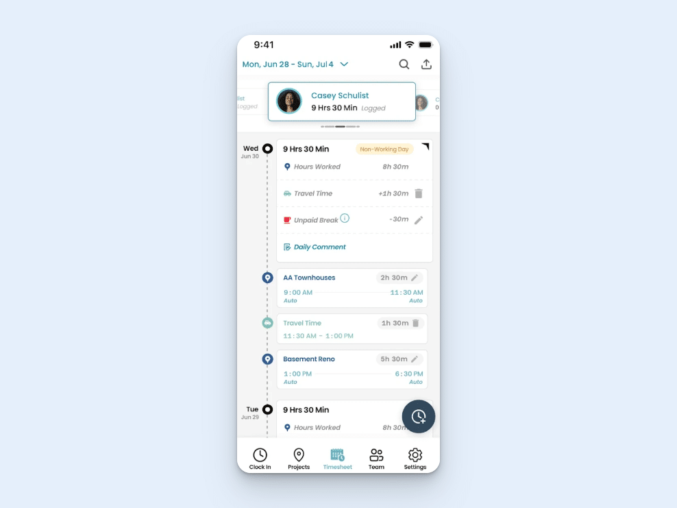 Image showing timesheets in ConstructionClock's mobile app