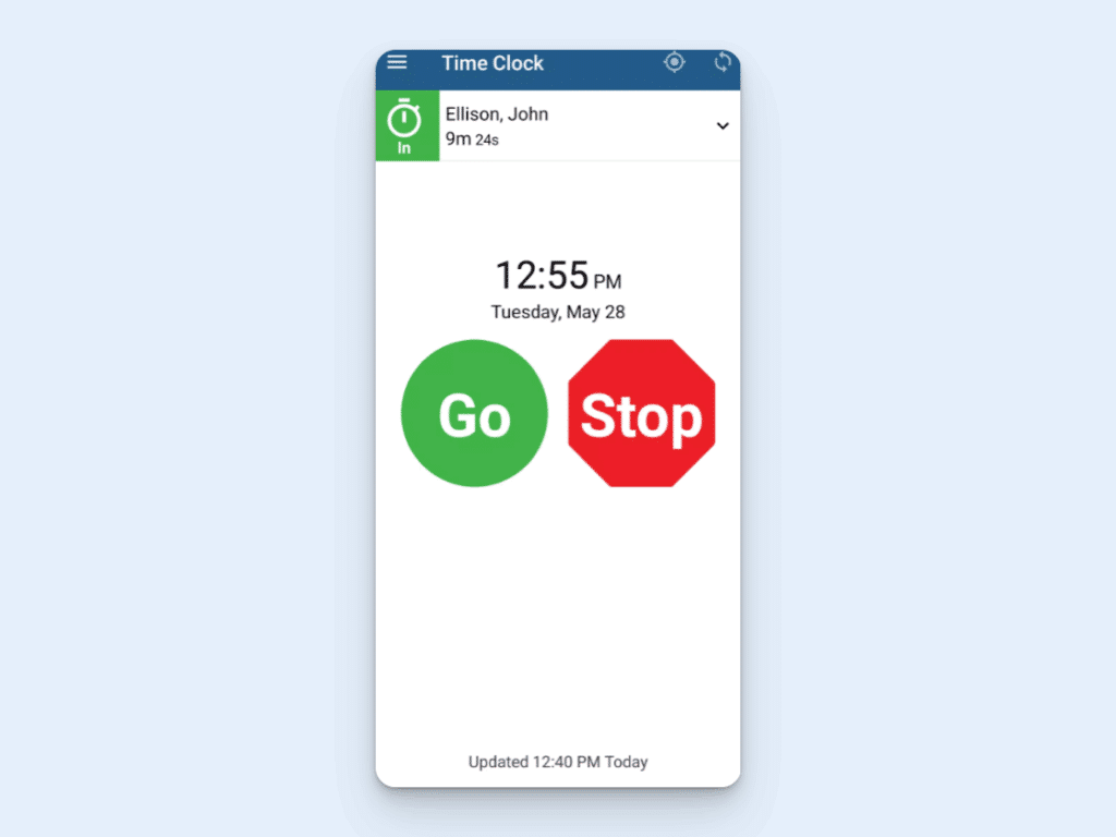 Image showing the interface employees use to clock in and out on ExakTime's mobile app