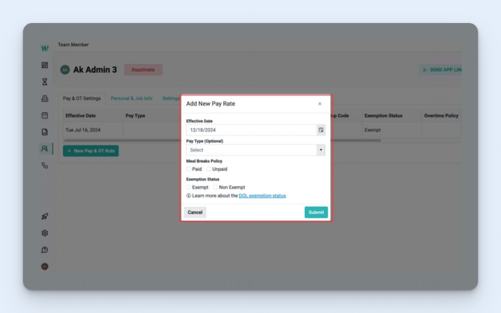 Image showing the ability to create different pay rates in Workyard