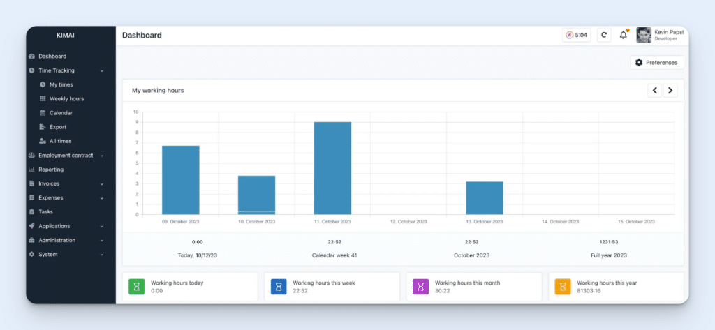 Image showing an employee's timesheet in Kimai