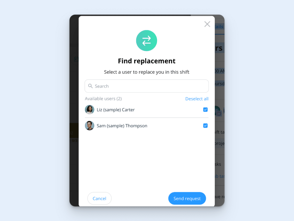 The “Find a replacement” screen on Connecteam. An icon with two arrows facing opposite sides sits above a list of available users. A checkbox sits beside each user’s name. A large blue button states “Send request,” while a white button states “Cancel.”