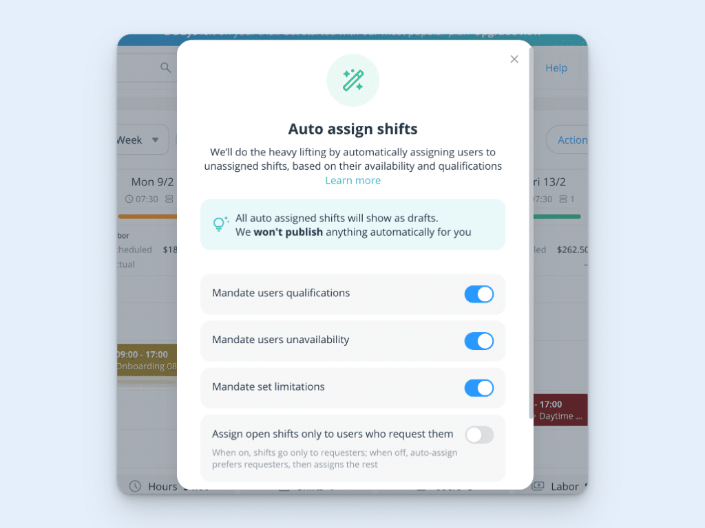 A screenshot of the schedule auto-assign tool, with three toggle options: “Mandate users qualifications,” “Mandate users unavailability,” and “Mandate set limitations.”