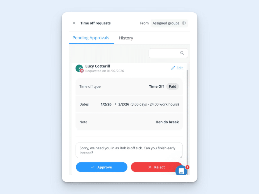 A screenshot of a Connecteam leave rejection, with notes explaining why the dates are unsuitable.