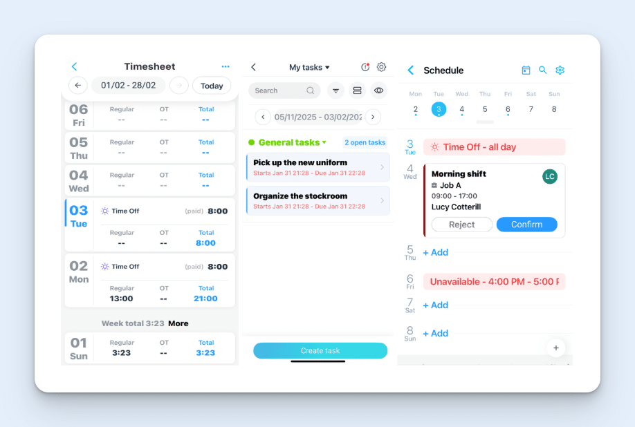 Three Connecteam mobile app screenshots, showing a timesheet view, a list of “My tasks,” and an allocated shift. 