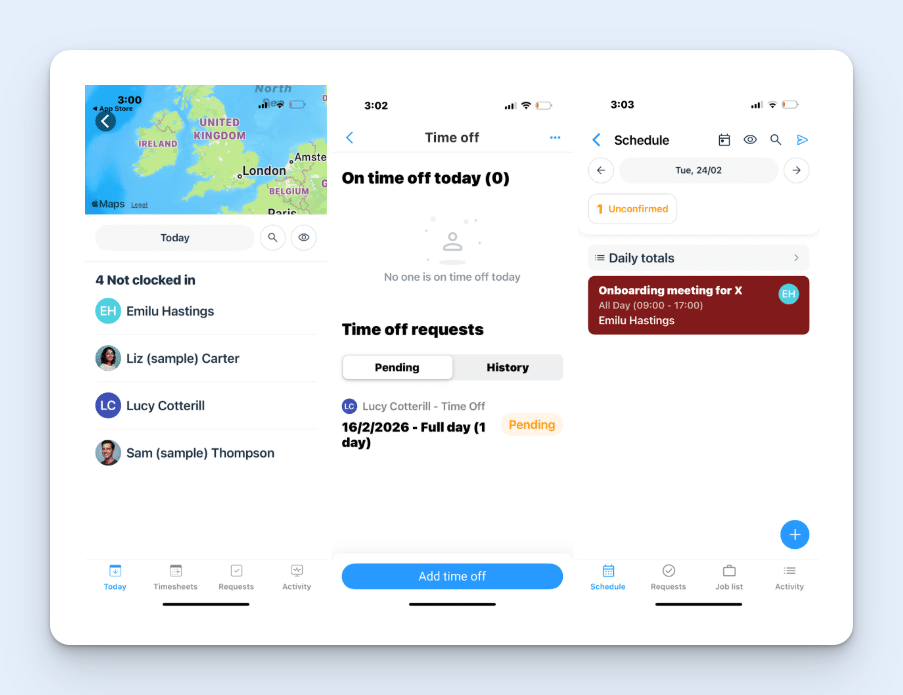 Three views of the manager dashboard. The first shows which team members are clocked in, the second shows requests made by team members, and the third shows meetings scheduled for the day. 