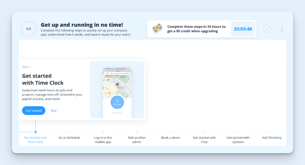 A screenshot of the Connecteam “Getting started” walkthrough. The headline says “Get started with Time Clock,” and 8 steps are shown at the bottom. In the middle of the page, a large blue button says “Get started.” 