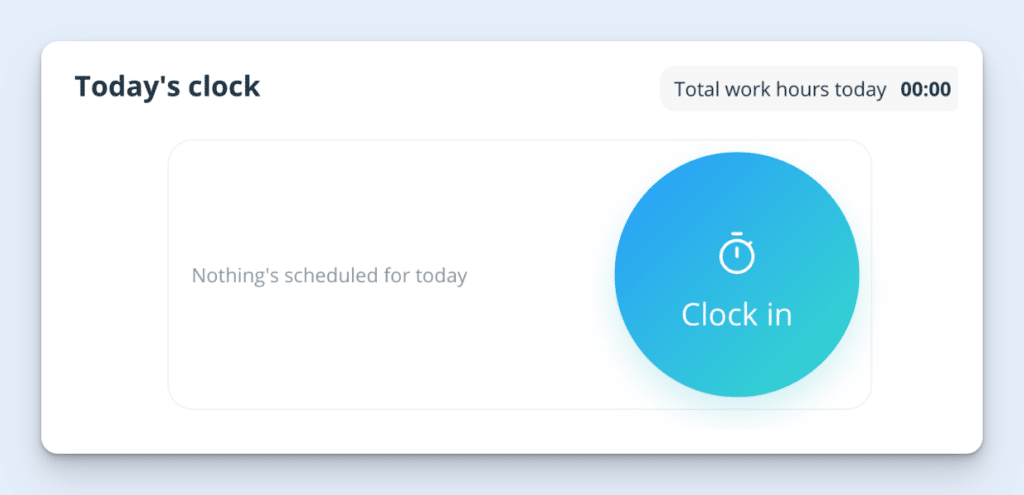 A screenshot of Connecteam’s Time Clock function. A blue, round button shows a clock icon, with the label "Clock in" right below. The top right displays the “Total work hours today.”
