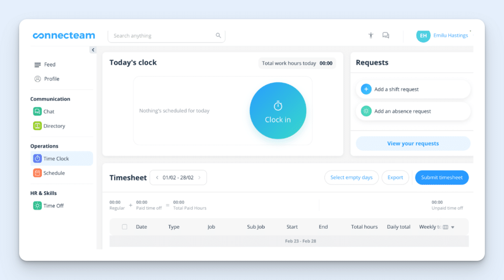 The employee dashboard on Connecteam, showing a time clock at the center and various features on the left menu, including Chat, Directory, Time Clock, and Time Off.