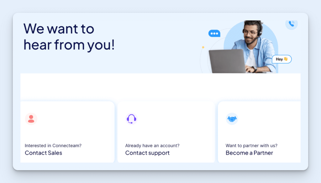 A screenshot of the Conncteam help center, with options to contact sales, contact support, or become a partner