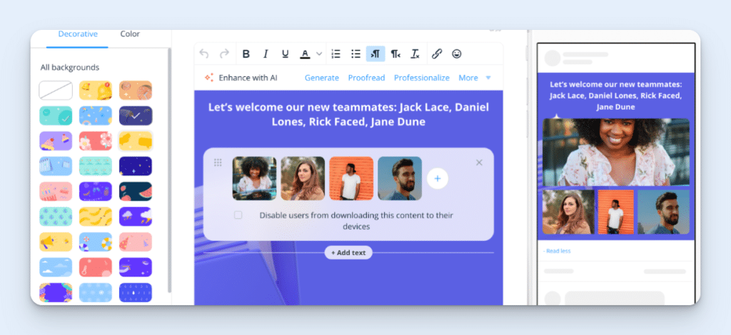 A screenshot of the Communications hub. The image shows a message welcoming new employees to the company and a background pattern selector. 