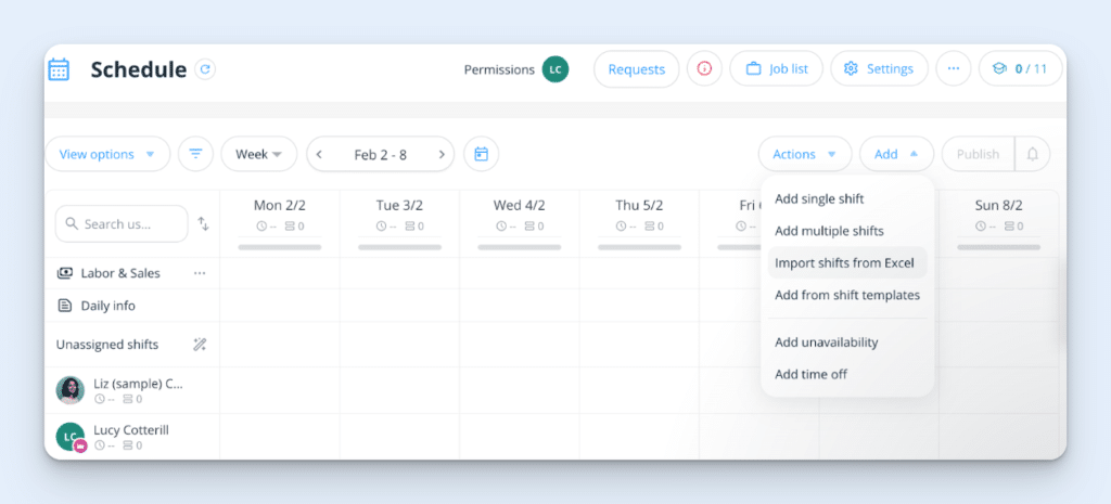 A manager’s view of Connecteam’s Schedule feature. A weekly calendar shows team members on the left and days of the week at the top. An “Actions” dropdown menu offers the options to “Add single shift,” “Add multiple shifts,” “Import shifts from Excel,” and “Add from shift templates.”