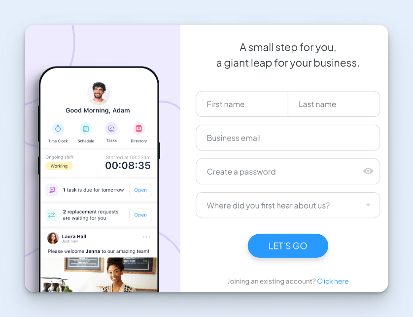 A screenshot of Connecteam’s sign-up form, with a headline stating “A small step for you, a giant leap for your business.” A large blue button labeled “Let’s go” appears at the bottom of the form. On the left, an image of a mobile phone shows the Connecteam app dashboard.