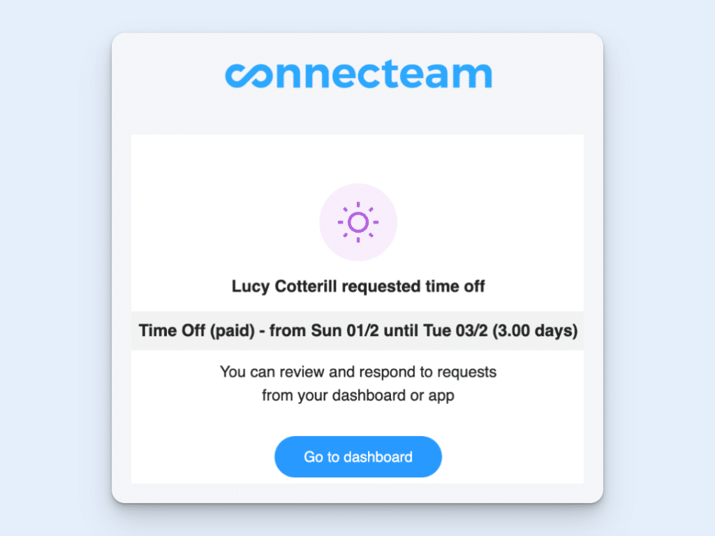 Manager view of a Connecteam leave request, showing the requested dates and a “Go to dashboard” button. 