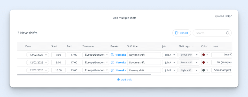 The “Add multiple shifts” screen on Connecteam. Multiple rows show date, start and end times, time zone, breaks, shift title, job, shift tags, and color code for each employee.