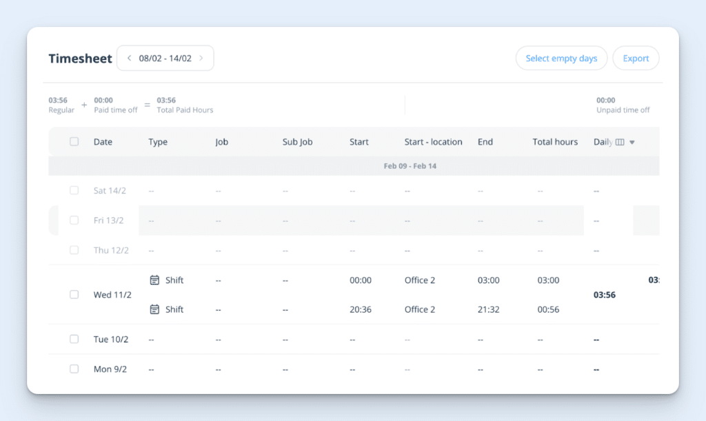 A screenshot of part of a Connecteam timesheet showing date, shift, and total hours.
