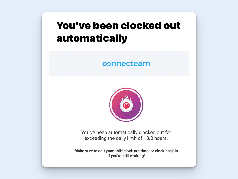 A screenshot of an email titled “You’ve been clocked out automatically.” A stopwatch icon sits at the center.