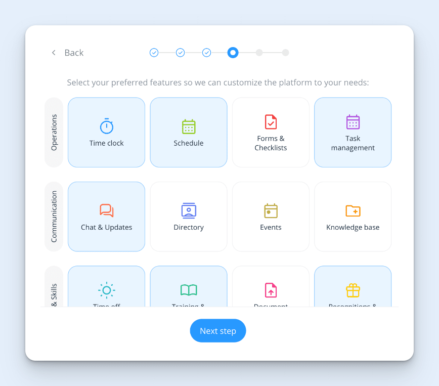 The Connecteam feature selection menu showing three hubs: Operations, Communications, and HR & Skills. Each feature has an icon, and the Time Clock, Schedule, Task Management, Chat & Updates, Time Off, and Training features have been selected. A large blue button at the bottom says “Next step.”
