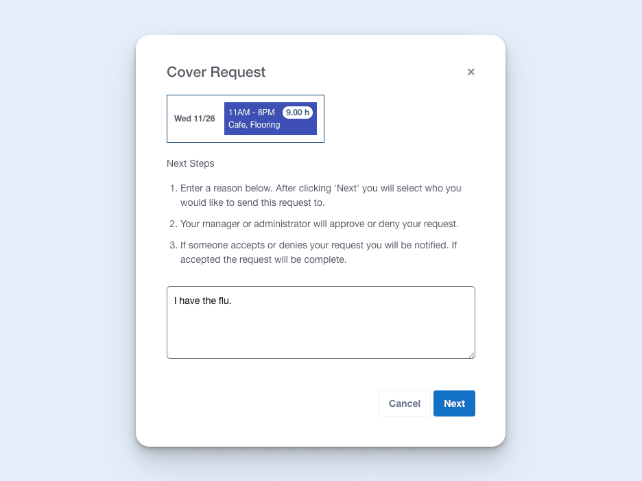Image showing how to request a shift cover in Buddy Punch
