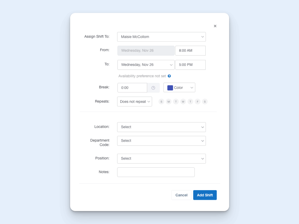 Image of the create shifts interface in Buddy Punch