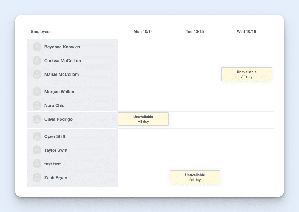 Image of employee availability on the scheduling calendar in Buddy Punch