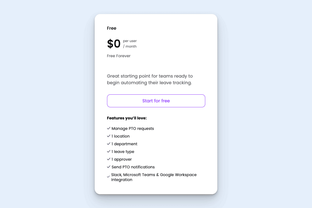 Image showing what's included in Vacation Tracker's free plan