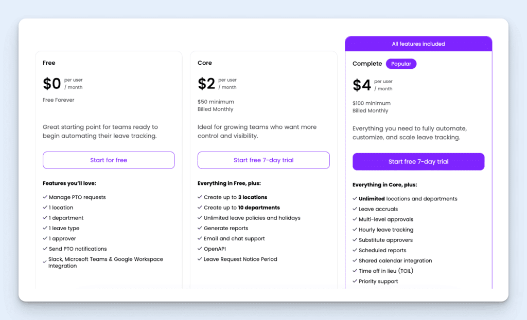 Image of Vacation Tracker's pricing