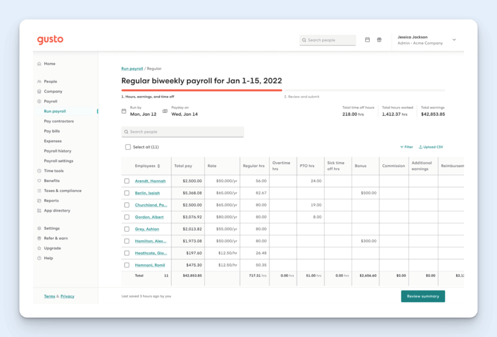 Image of a payroll report in Gusto