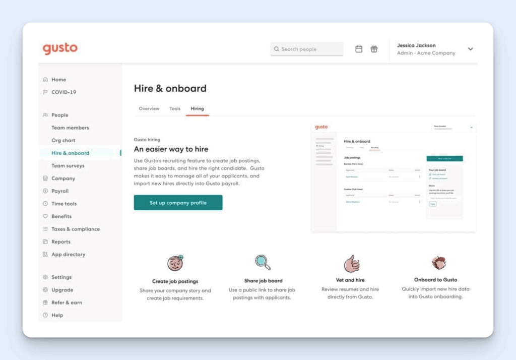 Image showing Gusto's hiring and onboarding tools