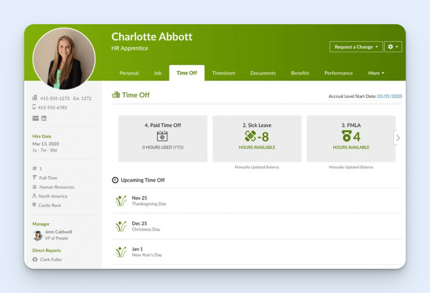 Image of the employee PTO view in BambooHR