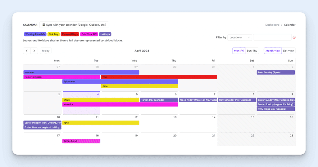 Image of the time off calendar in Vacation Tracker