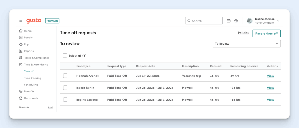 Image showing a list of PTO requests in Gusto