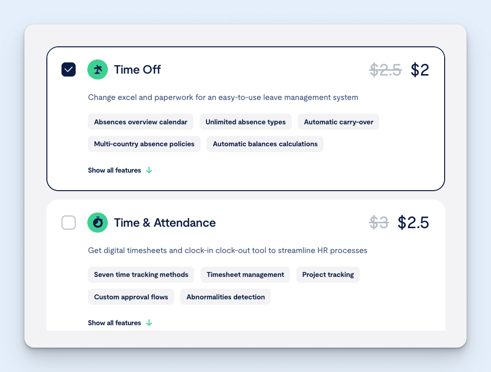 Image of Calamari's pricing for its time off and time and attendance proudcts