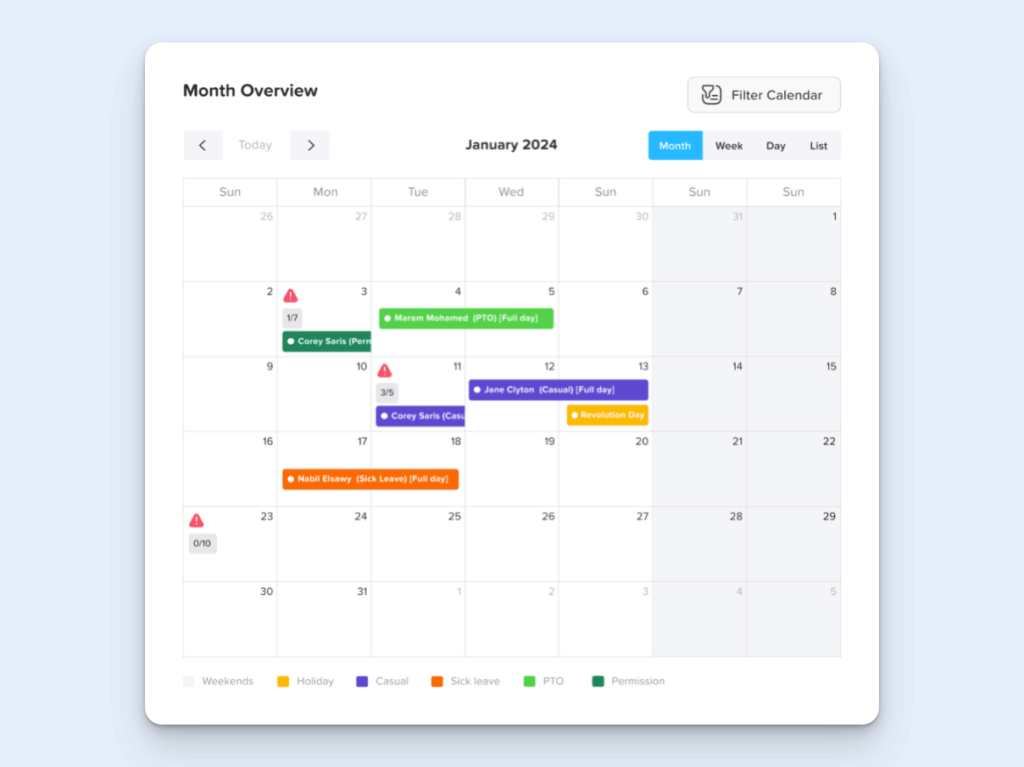 Image of the time off calendar in Day Off
