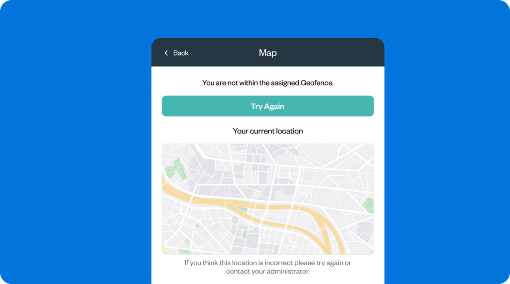 Image showing the error message employees get in Buddy Punch when trying to clock in or out when not located inside of a geofence