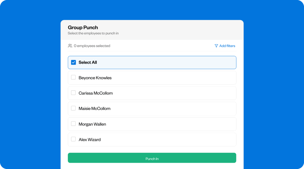 Image showing Buddy Punch's group punch feature that allows managers to clock multiple employees in or out at the same time