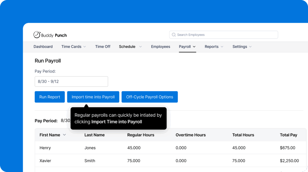 Image showing how you can import time from Buddy Punch's time tracking system into its built-in payroll system
