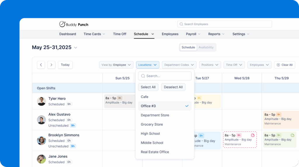 Image showing how you can schedule employees by location in Buddy Punch