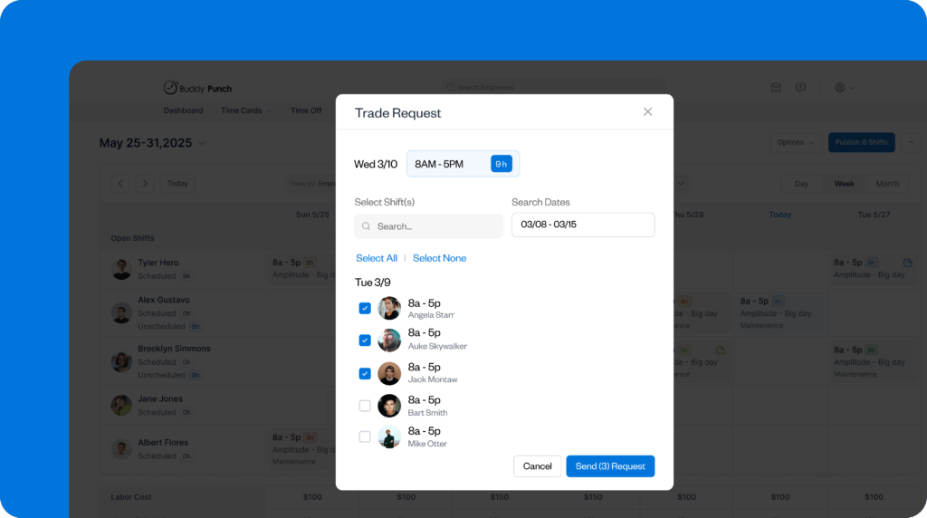Image showing how employees can create shift trade or cover requests in Buddy Punch